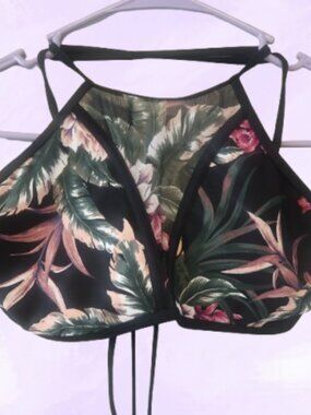 Bebe floral flower tropical bikini top mesh middle in black, green and pink S